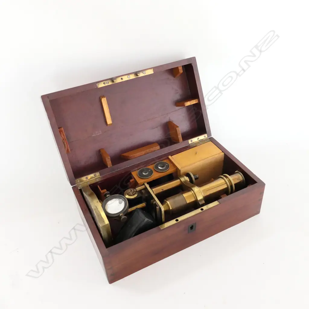FRENCH 19thC BRASS COMPOUND MICROSCOPE w MULTIPLE LENSES by NACHET, OPTICIEN, RUE SERPENTE, 16, PARIS. MAHOG BOX Image 1++